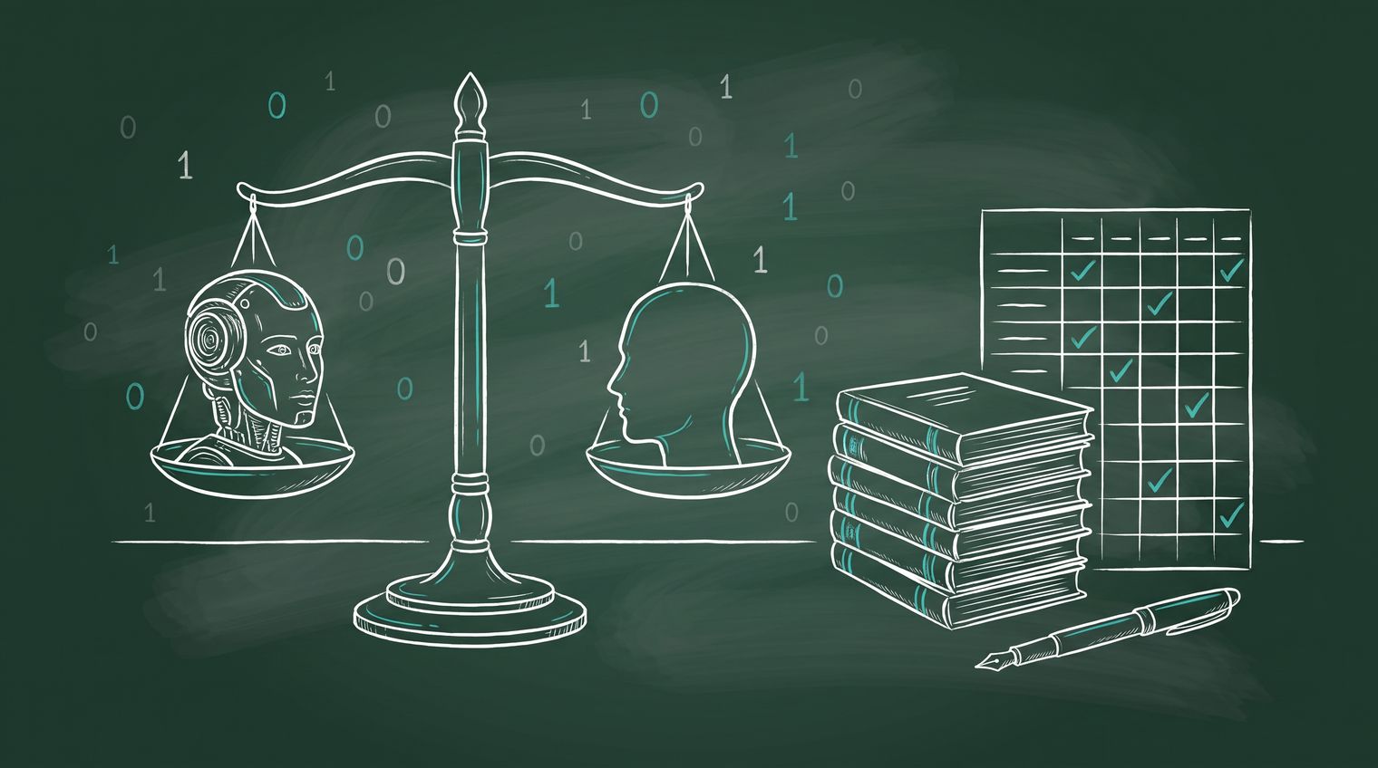 Chalkboard illustration of a balance scale weighing a robot head against a human head, beside proposal volumes, a compliance matrix, and a pen