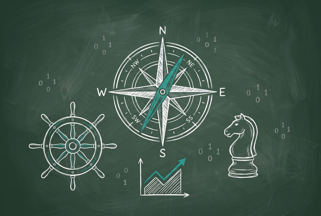 Chalkboard illustration of a compass rose, a ship's helm, a chess knight, and a rising chart