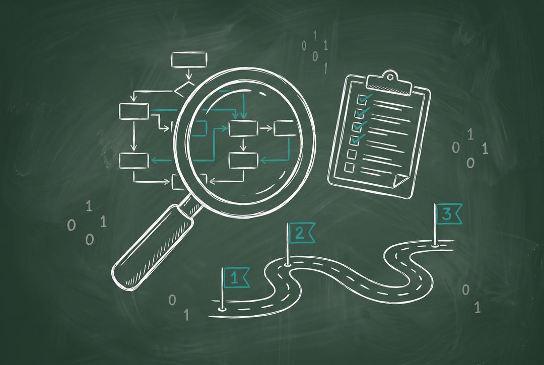 Chalkboard illustration of a magnifying glass over a process flowchart, a checklist, and a numbered roadmap