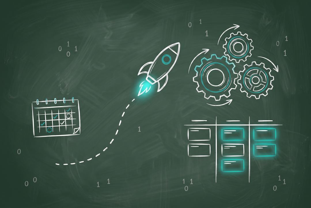 Chalkboard illustration of a rocket launching past a calendar, turning gears, and a kanban board