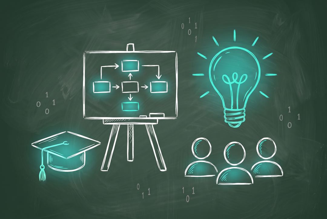 Chalkboard illustration of a presentation easel, a glowing lightbulb, an audience, and a graduation cap
